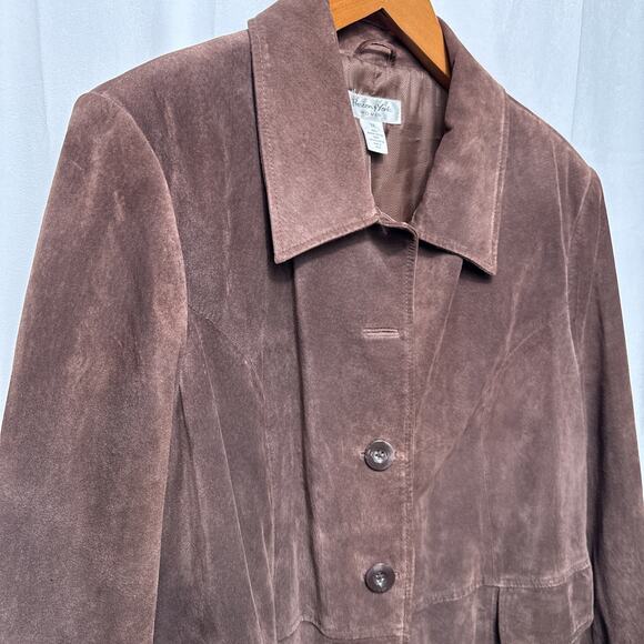 Women's Brown Suede Leather Coat Size 2X Button Front Mid Length Preston York - Picture 2 of 10